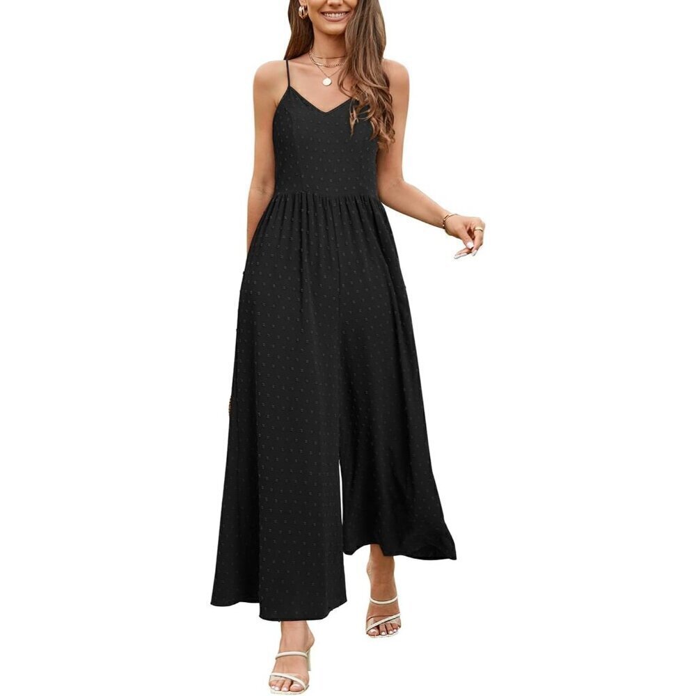 Women Casual Summer Floral Long  Rompers Smocked Sleeveless Jumpers with Pockets